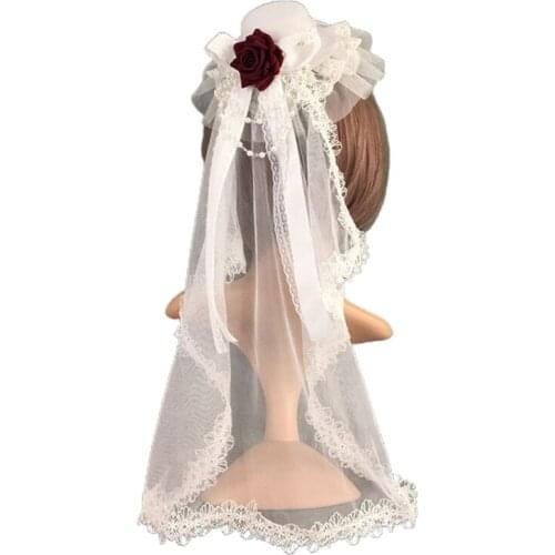 Lolita Headpiece Mini Lace Top Hat with Veil Rose Ribbon Bow Fascinators Hairpin