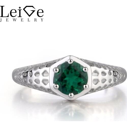 Leige Jewelry Lab Emerald Green Color Gemstone Round Cut Anniversary Rings Classic Gifts May Birthstone 925 Sterling Silver