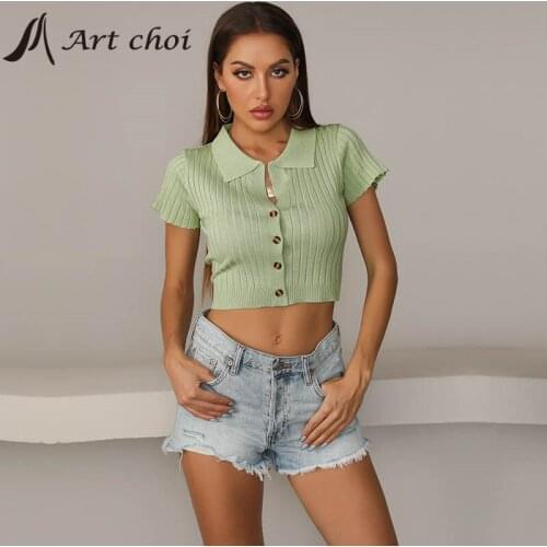 Summer Casual Women Fashion Solid Knitted Short T Shirt Cardigan Crop Tops Navel Bottoming Base Shirt Knitwear All-match Green