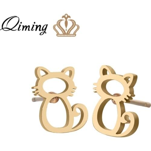QIMING Cute Children Kids Earrings Femme Simple Design Lovely Cat Stud Earring Christmas Gift Gold Kitty Cats Jewelry Girls