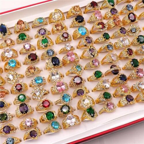 20pcs/Lot Fashion Rhinestone Big Zircon Metal Rings For Women Wedding Party Gift Jewelry Mix Style Size 16mm to 20mm