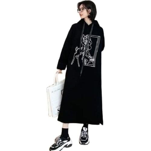 Fashion Sweater Dresses For Women 2021 New Black Plus Size Dress Women Printed Loose Hooded Thick Over-The-Knee Sweater Women