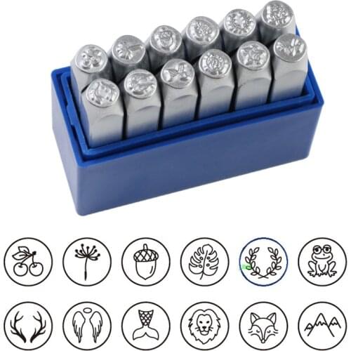 12pcs metal stamp set logo custom punch jewerly stamping carving leather tool set Animal plant DIY brand logo stamper 6mm size