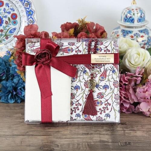 Gift Tile Pattern Prayer Rug, Plain Shawl Luxury Crystal Tasbih-Red FREE SHİPPİNG