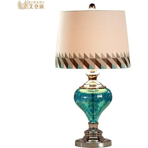 Romantic Mediterranean Sea Simple Blue Glass Fabric E27 Dimmer Table Lamp For Wedding Deco Living Room Bedroom Study H 61cm 2104