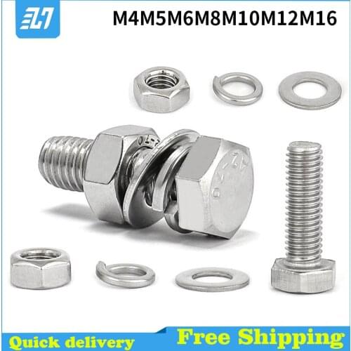 Hex Hexagon Head Machine Bolt Metric Thread Flat Spring Washer Hex Nut Set 304 Stainless Steel M4 M5 M6 M8 M10 M12 M16