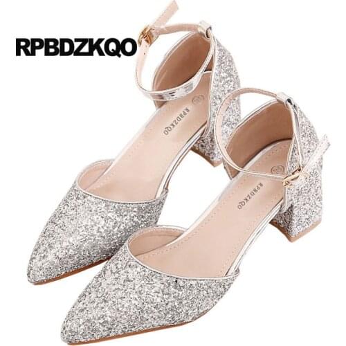 Medium heels sandals plus size ladies silver glitter pumps wedding 4 34 bling high 33 pointed toe ankle strap chunky shoes red