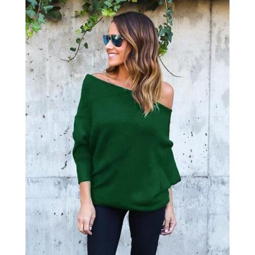 Sweater women new Spring/Autumn/winter Fashion Sexy Dew shoulder long Batwing Sleeve knitting Sweater Solid Green women clothing