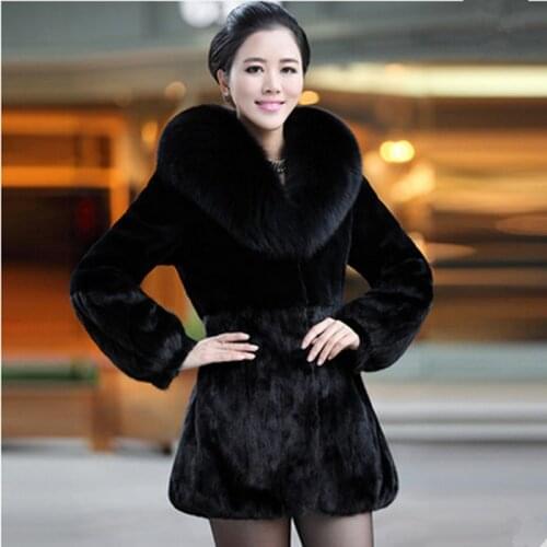 Womens genuine Rex Rabbit fur coat large size thick fox fur collar long outerwear Slim warm jacket coats winter female clothing