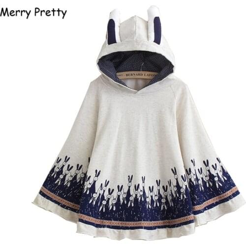Merry Pretty Cloak Outerwear Women Autumn Rabbit Print Ear Stereo Hoodies Coat Cotton Pullover Poncho Jacket Cloak Hooded Coat