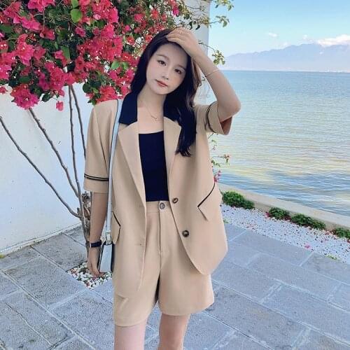 Women Summer 2021 2 Piece Set Shorts and Blazer Short Sleeve Elegant Fashion Loose Casual Suit Jacket High Waist Shorts Outfits
