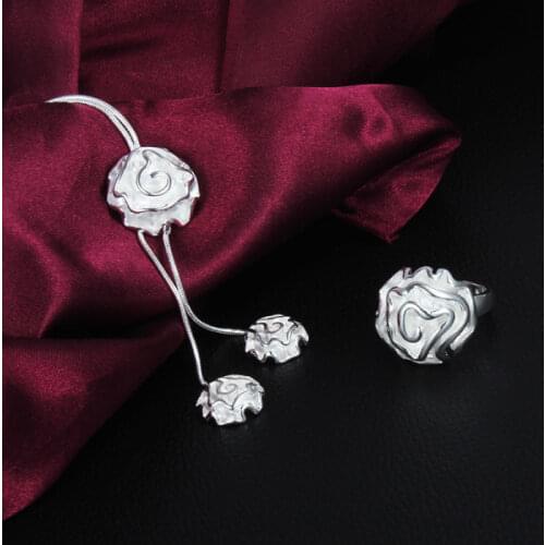 Hot popular high quality Jewelry set 925 sterling Silver fine rose flowers necklace ring for women Party wedding Christmas gifts