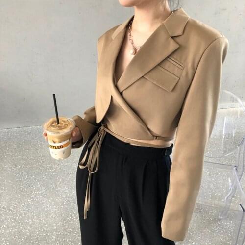 Women Khaki Bandage Irregular Short Blazer New Lapel Long Sleeve Loose Fit Jacket Fashion Spring Autumn 2021 Lady Casual Korean