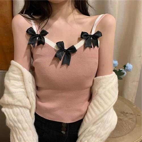 2021 Womens Fashion Sexy French Bow Splicing Tight Knit Small Camisole Tank Tops Sexy One-Size Ladies Vest for Bar Corset Top F