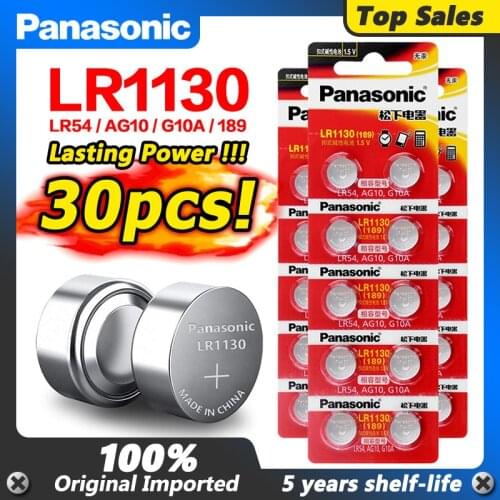 30pcs/lot Panasonic 1.5V AG10 LR1130 Alkaline AG10 389 LR54 SR54 SR1130W 189 LR1130 Button Coin Cell Battery Batteries LR 1130