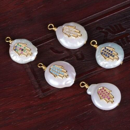 5pcs natural freshwater pearl bead tiny fatimas hand hamsa luck protection charm gold unisex link chain pendant choker necklace