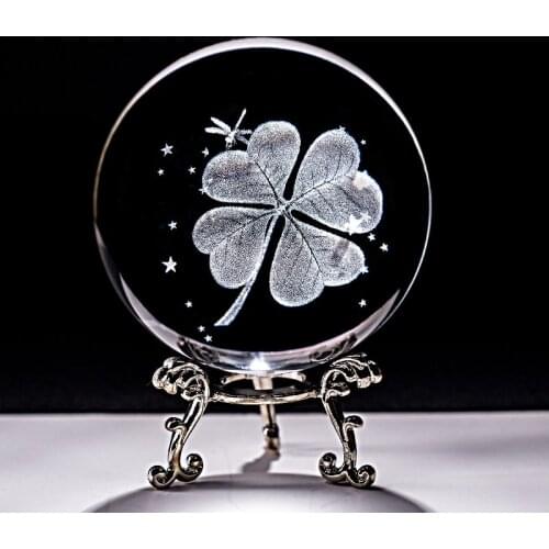6CM Crystal Ball Four Leaf Clover Miniatures 3D Laser Engraved Glass Sphere Paperweight Home Decoration Ornaments Gifts Figurine