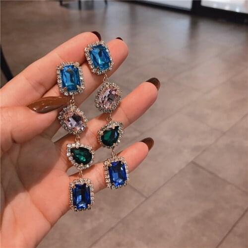 Big Statement Geometric Crystal Long Drop Earrings For Women 2021 New Mixed Blue Stones Dangle Earings Runway Jewelry