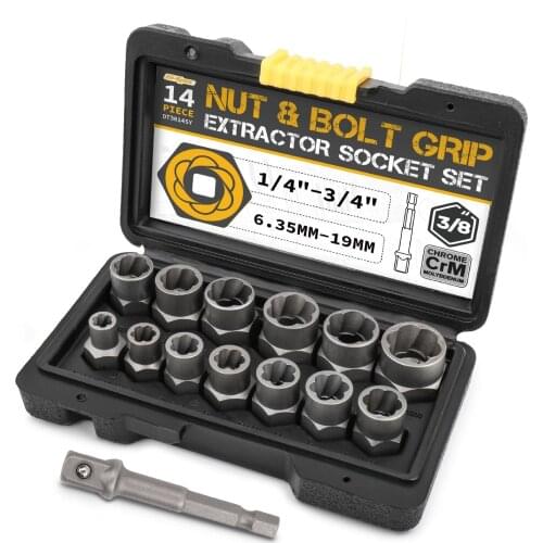Hi-Spec 14pc Impact Screw Extractor Tool Set Heavy Duty 6.35 -19m Damaged Bolt Nut Remover Socket Set with Storage Case Box