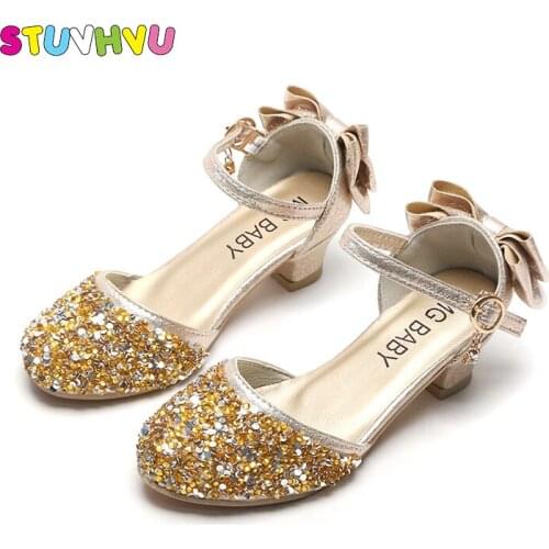Sequin Bow Girls Leather Shoes 2020 New Fashion Childrens High Heels Crystal Princess Shoes Little Girl Sandals Kids Dance Shoe