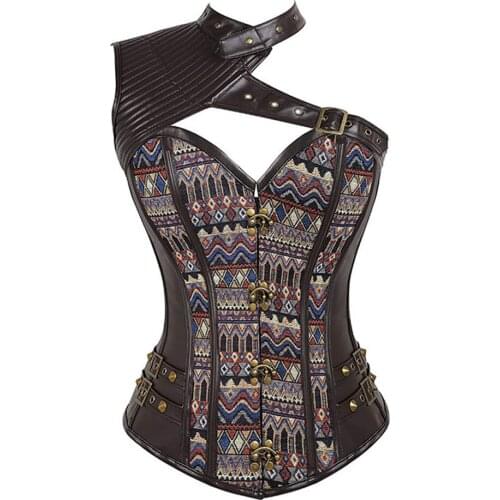 Full Steel Boned Steampunk Metal Vintage Goth Faux Leather Waist Trainer Bustiers Corsets Overbust Sexy Corset Top with Shoulder
