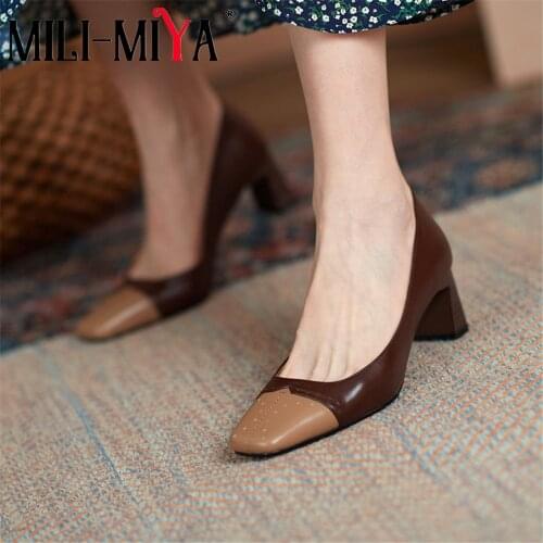 MILI-MIYA Fashion Square Toe Women Full Genuine Leather Pumps Comfortable Thick Heels Mixed Color Dress Party Spring Autumn Shoe