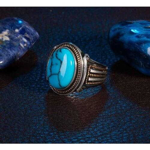 Men Blue Turquoise Gemstone Silver Ring Vintage Men Accessories Top Quality Fashionable Solid 925 Sterling Silver