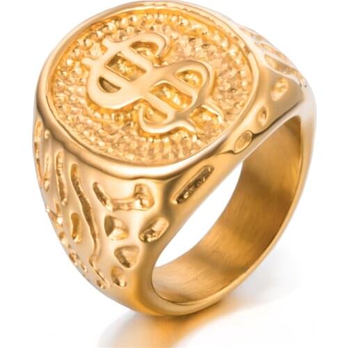 Gold $ Money Cash Dollar Sign Mens Boys Stainless Steel Ring Hip hop Jewelry Size 8-14