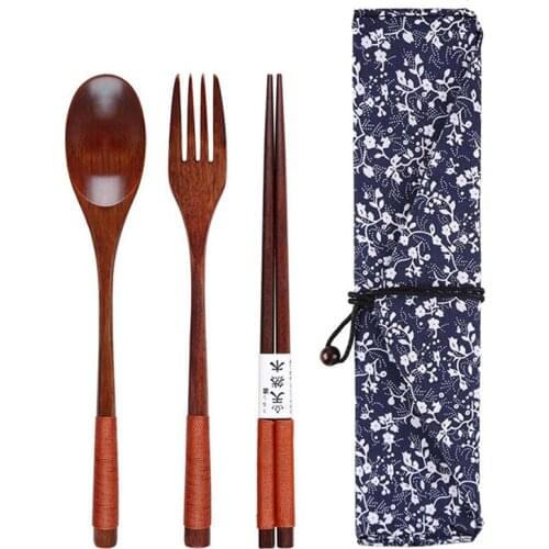 Portable Wood Tableware Wooden Cutlery Sets Travel Dinnerware Suit Environmental With Cloth Pack Gifts Set Cutlery Set Wood
