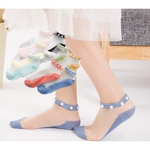 New High Quality Summer Stylish Trendy Fashion Modern Woman Girl Glitter Shiny Pearl Socks Mesh Thin Bead Gauze Transparent Sox