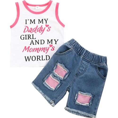 Newest Summer 2Pcs Kids Set Letter Print Round Neck Sleeveless Vest Tops+Ripped Jeans Outfits for Fathers Day&Mothers Day 1-5Y