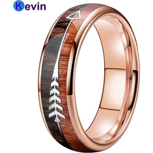 Rose Gold Wedding Ring Men Women Tungsten Wedding Band With Double Wood And Steel Arrow Inlay Band 6MM