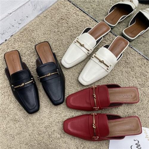 Women Slippers H Metal Buckle Flat Bottom Sandals Square Head Low Heel Mules Shoe Fashion All-match Outdoor Casual Beach Sandals