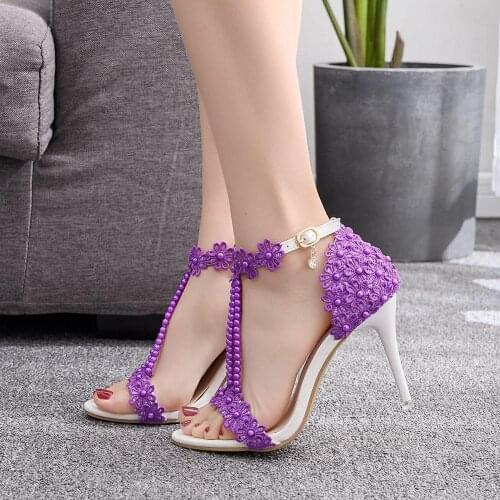 Summer Open toe Pearl wedding shoes Ankle strap Buckle Sandals Pearl Flower party dress shoes white Beads shoes woman