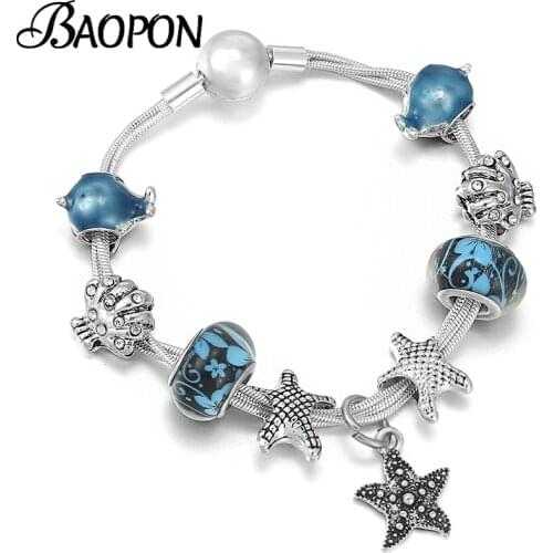 Silver Color Multilayer Snake Chain Charm Bracelet With Starfish Shell Beads Bracelets For Women Men Jewelry Gift Summer Style