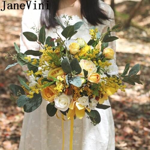 JaneVini Yellow Calla Lily Wedding Flowers Bridal Bouquet Mariage Artificial Silk Roses Holder Bouquet for Bridesmaids Brides