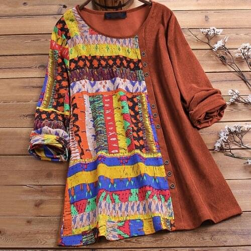 Vintage Printed Womens Tunic Plus Size 4XL 5XL Shirts Casual Patchwork O Neck Long Sleeve Pullovers Ladies Spring Autumn 2020