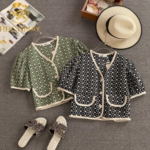 Fashion Womens Jacket Summer Clothing Puff Sleeve Hollow Hook Flower Single Breasted Jackes Outwear Casual Short Coat Tops