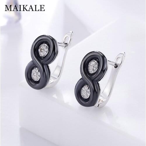 MAIKALE Classic Black Ceramic Stud Earrings Copper AAA Cubic Zirconia Plated Gold Simple Korean Earrings For Women Gift