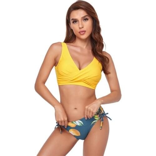 Plus Size Swimdress Yellow Lemon Print Bikini Sets Swimsuit Women Sexy Lace Up Mid-Waist Two Pieces Swimwear Beach Bathing Suit