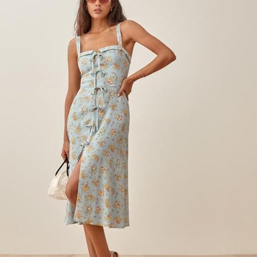 Ladies floral print suspender dress with bowknot side slit long dress sexy beach brace dress