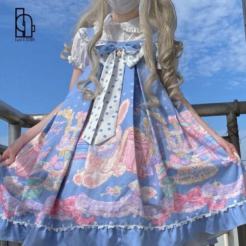 Luck A Kawaii Lolita Summer Womens Dress 2021 Party VintageJsk Dress Women Harajuku Sweet Sleeveless Bowknot Suspender Dress