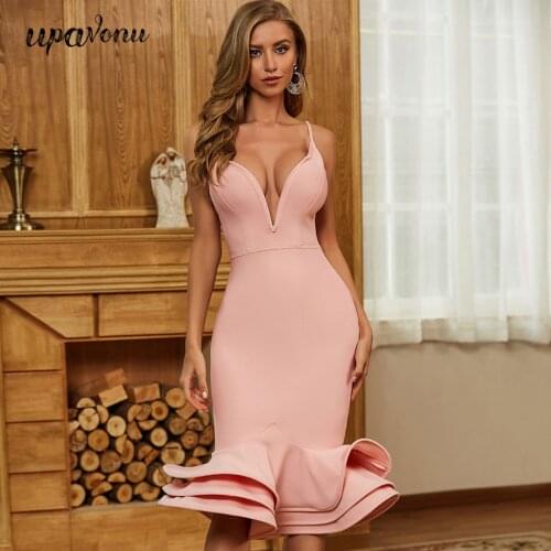 2021 New Summer Womens Bandage Dress Sexy Spaghetti Strap V-Neck Bodycon Midi Dress Celebrity Runway Club Party Dress Vestidos