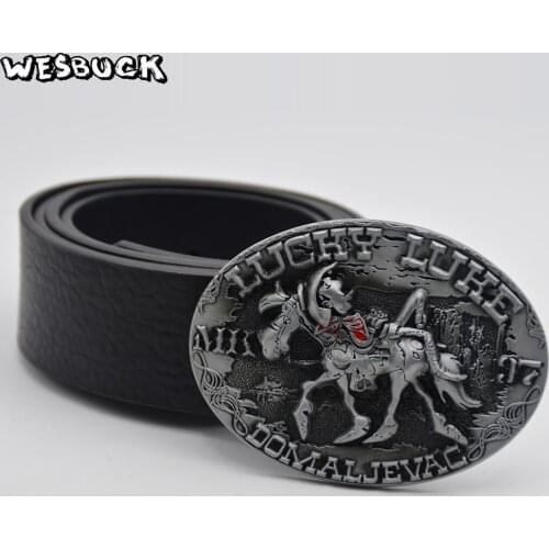 5 PCS MOQ WesBuck Brand Fashion lucky luke belt buckle Oval Silver Metal Classic Men Women Jeans Accessories Buckle With PU Belt