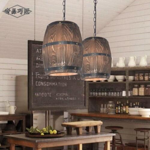 American Country Wooden Barrel Pendant Lights Kitchen Island Lamp E27 Lighting Fixture Art Decoration for Bar Living Room Cafe