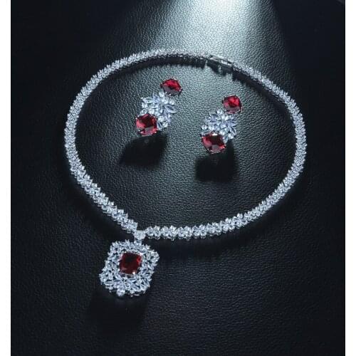 Be 8 Simple Fashion Square Leaves Earrings Sliver Color Necklace Weddings Jewelry Sets With AAA+ CZ Red Zirconia S354