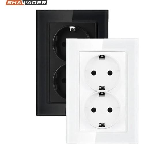 Wall Double Socets Upright Crystal Glass Panel EU Germany AC Power Points Plug Outlets 110-250V Netherlands Europe Home Office