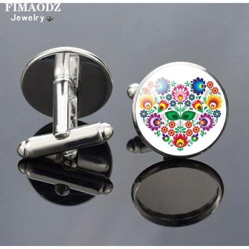 FIMAODZ Polish Folk Art Pattern Cufflink for Women Men Wedding Engagement Flower Glass Photo Charm Cuff Links for Couple Gifts