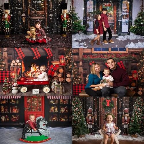 Photography Background Christmas Fireplace Photocall Red Sock Christmas Trees Gifts Counter Backdrop Winter Portrait Photo Shoot