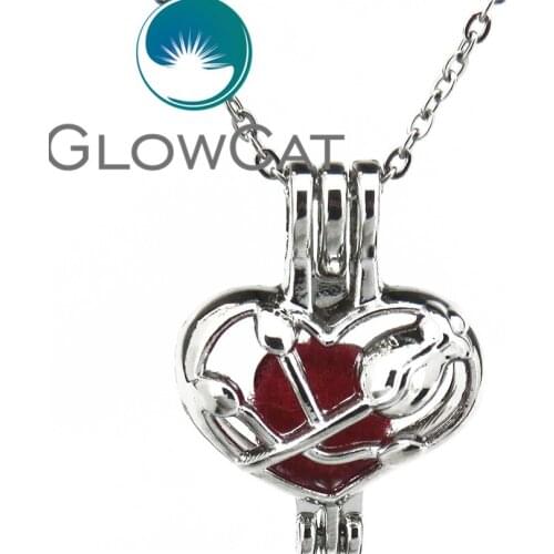 GLOWCAT KK607 Rose in Heart Beads Cage Essential Oil Diffuser Aromatherapy Pearl Cage Locket Necklace Girl Unisex Party Jewelry